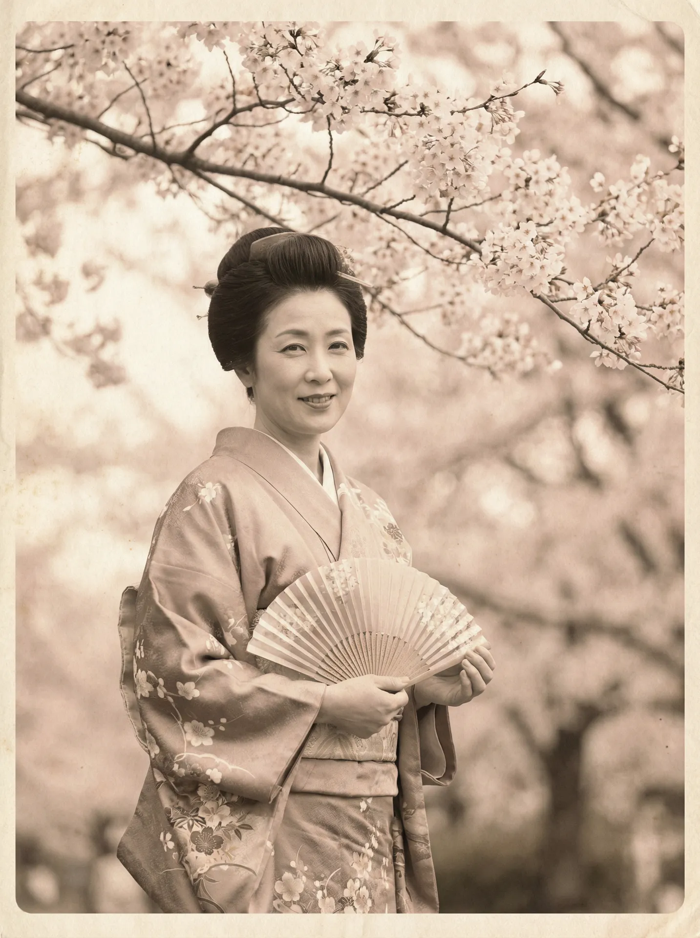 一位持扇的优雅 k体育注册送68平台娱乐 在樱花树下的复古写真